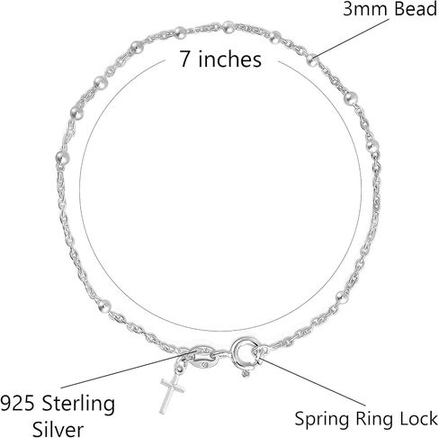 Savlano 925 Sterling Silver Italian Rosary Solid Bead Chain Cross Pendant 7 Inches Bracelet Comes With Gift Box for Women - Made in Italy in Saudi Arabia