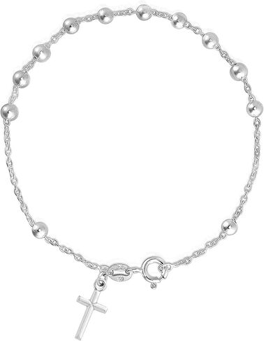 Savlano 925 Sterling Silver Italian Rosary Solid Bead Chain Cross Pendant 7 Inches Bracelet Comes With Gift Box for Women - Made in Italy in Saudi Arabia
