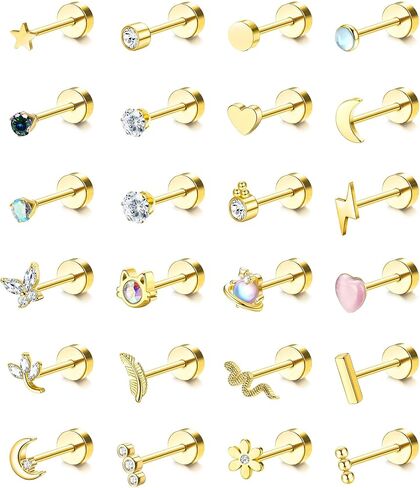 LOLIAS 24Pcs Cartilage Earrings for Women Men 20G Surgical Steel Flat Back Stud Earrings CZ Helix Conch Small Flatback Earrings Hypoallergenic Nap Earrings in Kuwait