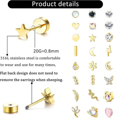 LOLIAS 24Pcs Cartilage Earrings for Women Men 20G Surgical Steel Flat Back Stud Earrings CZ Helix Conch Small Flatback Earrings Hypoallergenic Nap Earrings in Kuwait