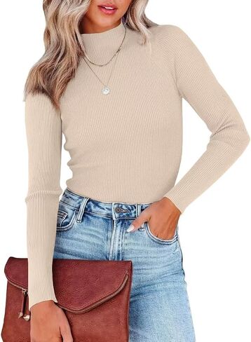 Lacozy Mock Turtle Necks Tops for Women Long Sleeve Ribbed Knit Sweater Slim Fit Basic Layer Shirts 2024 Fashion Spring Top in Kuwait