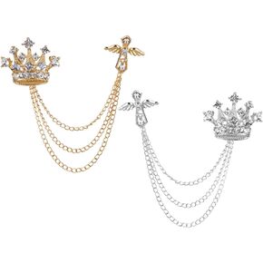 2PCS Men's Brooch Crown Hanging Chain Brooch Stone Detailing with Engraving Metal Crystal Brooch Suit Stud Lapel Pin Vintage Rhinestone Breastpin Wedding Brooch Pin, Gold Silver, mix, alloy, crystal, in Kuwait