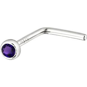 Jewelry Avalanche Solid 14K Gold L-Shape Stud Bezel Set Amethyst 22G L-Bend Nose Stud - 14K White Gold / 14K Yellow Gold February Birthstone Nose Ring Stud