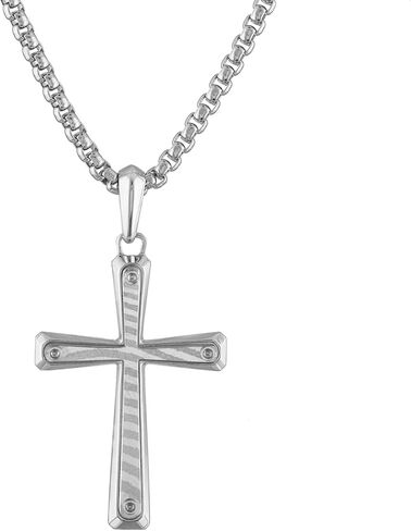 Bulova Men's Jewelry Rhodium Plated Sterling Silver Cross Pendant Necklace with Dasmascus Steel Inlay, Round Box Link Chain, Style:BVP1004-WMMNA in Saudi Arabia