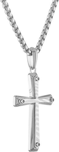 Bulova Men's Jewelry Rhodium Plated Sterling Silver Cross Pendant Necklace with Dasmascus Steel Inlay, Round Box Link Chain, Style:BVP1004-WMMNA in Saudi Arabia