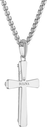 Bulova Men's Jewelry Rhodium Plated Sterling Silver Cross Pendant Necklace with Dasmascus Steel Inlay, Round Box Link Chain, Style:BVP1004-WMMNA in Saudi Arabia