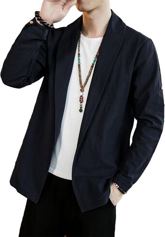 HangNiFang Mens Casual Blazer Sport Coat Cardigan Cotton Linen Open Front Outwear Jacket in Kuwait
