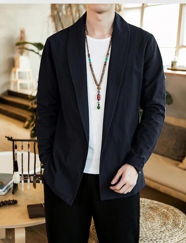 HangNiFang Mens Casual Blazer Sport Coat Cardigan Cotton Linen Open Front Outwear Jacket in Kuwait