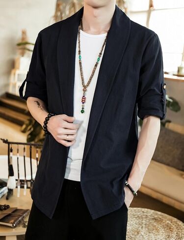 HangNiFang Mens Casual Blazer Sport Coat Cardigan Cotton Linen Open Front Outwear Jacket in Kuwait