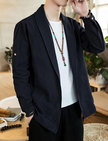 HangNiFang Mens Casual Blazer Sport Coat Cardigan Cotton Linen Open Front Outwear Jacket in Kuwait