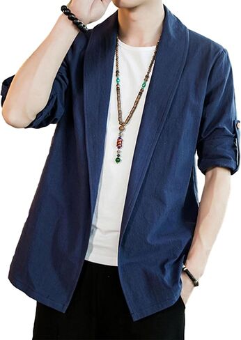 HangNiFang Mens Casual Blazer Sport Coat Cardigan Cotton Linen Open Front Outwear Jacket in Kuwait