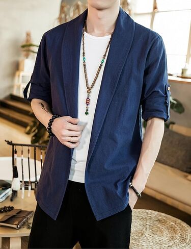 HangNiFang Mens Casual Blazer Sport Coat Cardigan Cotton Linen Open Front Outwear Jacket in Kuwait