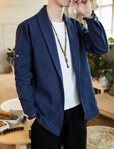 HangNiFang Mens Casual Blazer Sport Coat Cardigan Cotton Linen Open Front Outwear Jacket in Kuwait