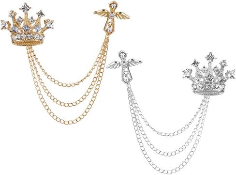 2PCS Men's Brooch Crown Hanging Chain Brooch Stone Detailing with Engraving Metal Crystal Brooch Suit Stud Lapel Pin Vintage Rhinestone Breastpin Wedding Brooch Pin, Gold Silver, mix, alloy, crystal, in Kuwait