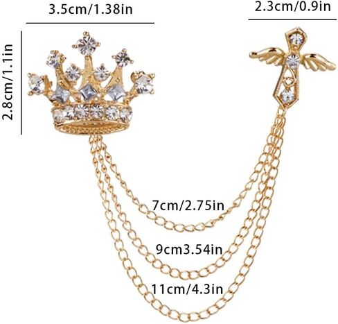 2PCS Men's Brooch Crown Hanging Chain Brooch Stone Detailing with Engraving Metal Crystal Brooch Suit Stud Lapel Pin Vintage Rhinestone Breastpin Wedding Brooch Pin, Gold Silver, mix, alloy, crystal, in Kuwait