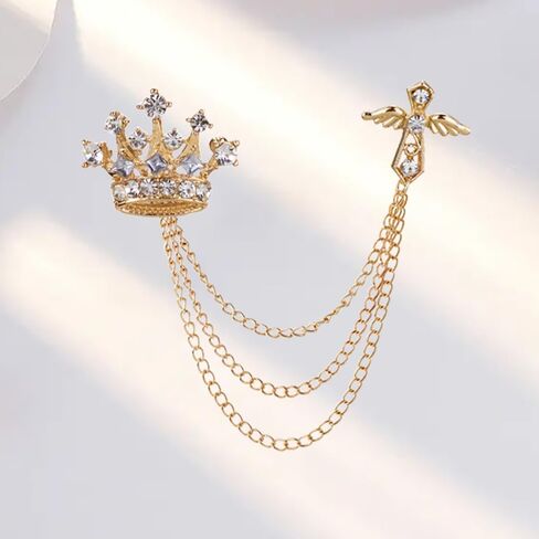 2PCS Men's Brooch Crown Hanging Chain Brooch Stone Detailing with Engraving Metal Crystal Brooch Suit Stud Lapel Pin Vintage Rhinestone Breastpin Wedding Brooch Pin, Gold Silver, mix, alloy, crystal, in Kuwait