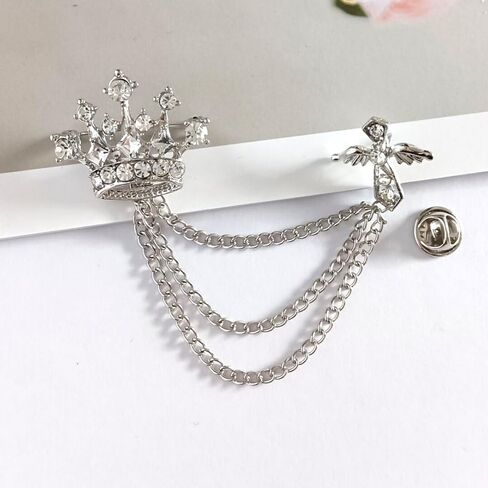2PCS Men's Brooch Crown Hanging Chain Brooch Stone Detailing with Engraving Metal Crystal Brooch Suit Stud Lapel Pin Vintage Rhinestone Breastpin Wedding Brooch Pin, Gold Silver, mix, alloy, crystal, in Kuwait