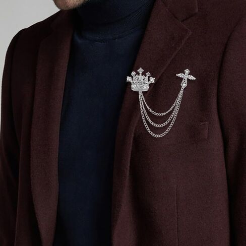 2PCS Men's Brooch Crown Hanging Chain Brooch Stone Detailing with Engraving Metal Crystal Brooch Suit Stud Lapel Pin Vintage Rhinestone Breastpin Wedding Brooch Pin, Gold Silver, mix, alloy, crystal, in Kuwait