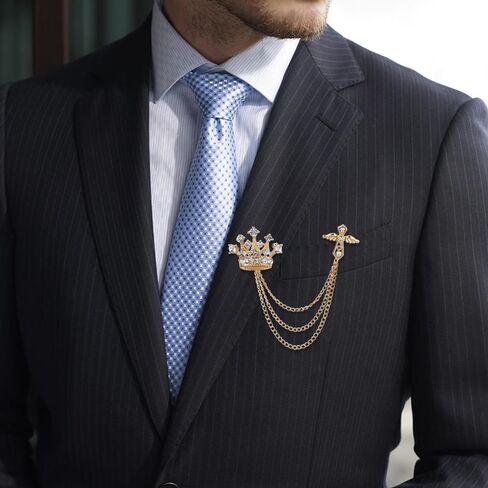2PCS Men's Brooch Crown Hanging Chain Brooch Stone Detailing with Engraving Metal Crystal Brooch Suit Stud Lapel Pin Vintage Rhinestone Breastpin Wedding Brooch Pin, Gold Silver, mix, alloy, crystal, in Kuwait