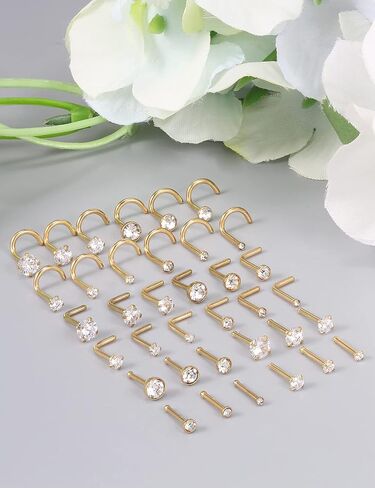 Vsnnsns 18G 20G 22G Nose Rings Studs Piercing Jewelry for Women 316L Surgical Stainless Steel L Shaped Corkscrew Straight CZ Nose Rings Studs Nostril Piercing Jewelry for Women Men Silver Black Gold in Saudi Arabia