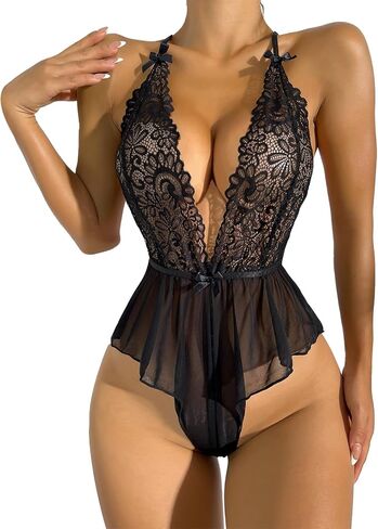 بدلة نسائية من Aossfre برقبة على شكل حرف V عميقة ودانتيل قطعة واحدة من الملابس الداخلية الشبكية المثيرة in Kuwait