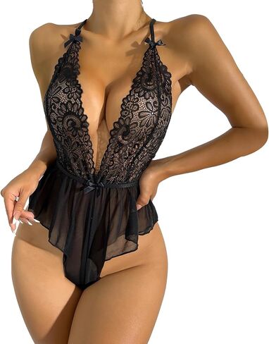 بدلة نسائية من Aossfre برقبة على شكل حرف V عميقة ودانتيل قطعة واحدة من الملابس الداخلية الشبكية المثيرة in Kuwait