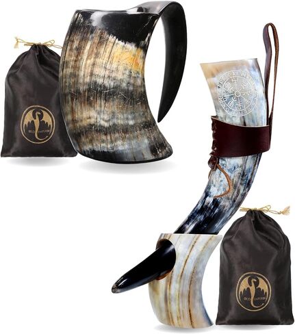 Viking Horn Mug + Viking Drinking Horn - 12 Inch with Viking Compass Engraved and Leather Holster | 100% Authentic Handmade Beer Cups | Food Grade | Genuine Ox Horn | Natural Shine Finish | Gift Bag in Saudi Arabia