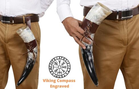 Viking Horn Mug + Viking Drinking Horn - 12 Inch with Viking Compass Engraved and Leather Holster | 100% Authentic Handmade Beer Cups | Food Grade | Genuine Ox Horn | Natural Shine Finish | Gift Bag in Saudi Arabia