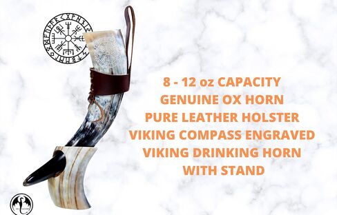 Viking Horn Mug + Viking Drinking Horn - 12 Inch with Viking Compass Engraved and Leather Holster | 100% Authentic Handmade Beer Cups | Food Grade | Genuine Ox Horn | Natural Shine Finish | Gift Bag in Saudi Arabia