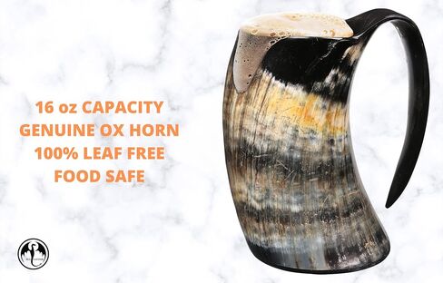 Viking Horn Mug + Viking Drinking Horn - 12 Inch with Viking Compass Engraved and Leather Holster | 100% Authentic Handmade Beer Cups | Food Grade | Genuine Ox Horn | Natural Shine Finish | Gift Bag in Saudi Arabia