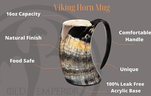 Viking Horn Mug + Viking Drinking Horn - 12 Inch with Viking Compass Engraved and Leather Holster | 100% Authentic Handmade Beer Cups | Food Grade | Genuine Ox Horn | Natural Shine Finish | Gift Bag in Saudi Arabia