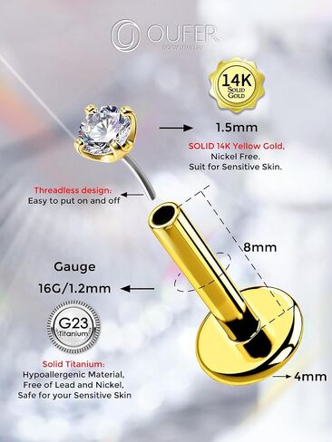 OUFER 16G Lip Ring, 14K Solid Gold Lip Ring Studs, Push-Pin Lip Piercing Jewelry, G23 Solid Titanium Bar Labret Jewelry, Cartilage Helix Tragus Piercing Jewelry For Women And Men in Saudi Arabia