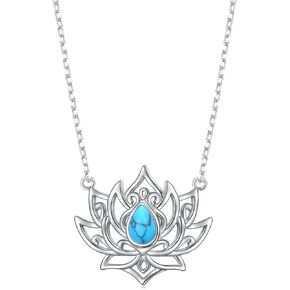 FLYOW Yoga Lotus Neckalces for Women 925 Sterling Silver Turquoise Lotus Pendant for Girls Anxiety Stress Relieving Birthday Gifts, 18+2 inches adjustable length, Sterling Silver, lab turquoise