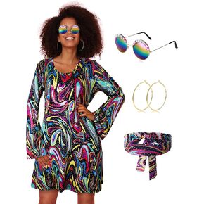 فستان Ketays 70s ديسكو للنساء ملابس سباركلي 70s زي فساتين ديسكو موضة النظارات الشمسية القرط وشاح in Kuwait