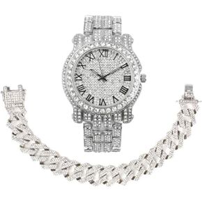 ساعات Charles Raymond Silver Bling'ed Out للرجال على شكل انفجار مع طقم قلادة وسوار متعرج - وصلات Z كوبية جديدة مع 3 صفوف من الماس على كل جانب - سلسلة ST102SS