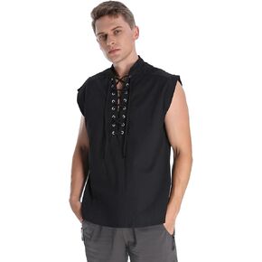 DENCTORAM Men's Loose Medieval Viking Sleeveless Shirt Renaissance Gothic Victorian Top Tee Pirate Costume