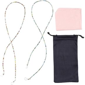 Eyeglass Chains for Women - 2-Piece Set Beaded Glasses Holder Strap, Retainer Cord with Beads, Microfiber Cloth and Polyester Pouch, Ideal for Sunglasses, Reading Glasses, Multicolor, 27 Inches in Saudi Arabia