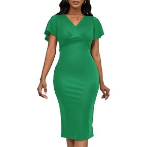 فستان نسائي كاجوال من Nmoder برقبة على شكل حرف V وأكمام قصيرة مكشكشة، فستان متوسط ​​الطول لحفلات الكوكتيل in Kuwait