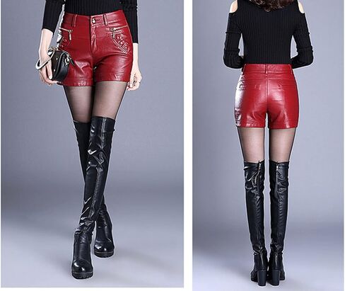 HALITOSS Womens High Waisted Faux Leather Shorts with Pockets Button Motor Biker PU Leather Short in Saudi Arabia
