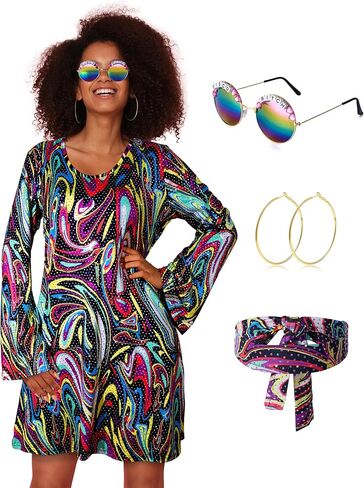 فستان Ketays 70s ديسكو للنساء ملابس سباركلي 70s زي فساتين ديسكو موضة النظارات الشمسية القرط وشاح in Kuwait