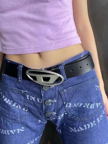 Simple Retro Silver Button D Letter Belt Versatile Decorative Dress Jeans Black Belt, Black, 41.3in in Kuwait