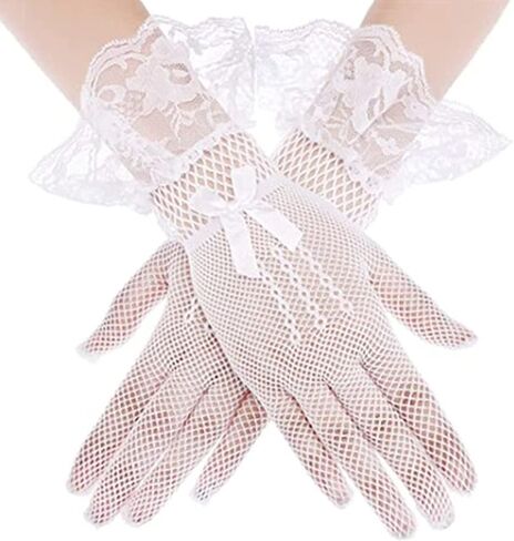 Yikisdy Lady Lace Wedding Gloves Floral Elegant Glove Short Bridal Gloves Dinner 50's Tea Party Costume for Women and Girls in Kuwait