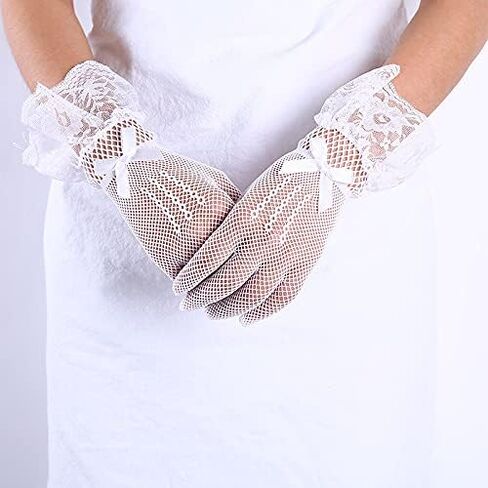 Yikisdy Lady Lace Wedding Gloves Floral Elegant Glove Short Bridal Gloves Dinner 50's Tea Party Costume for Women and Girls in Kuwait