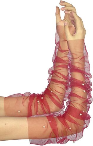 GRYUIRY Long Tulle Pearl Gloves Fingerless Beaded Sheer Bridal Gloves for Wedding Tea Opera Party Hallowmas Costume Accessory in Saudi Arabia