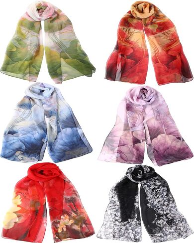 6 Pcs Scarves for Women Floral Pattern Scarf Shawl Lightweight Fashion Scarves Sunscreen Women Scarf Chiffon Flowers Printed Pattern Scarf Shawl Wraps, 6 Colors in Kuwait