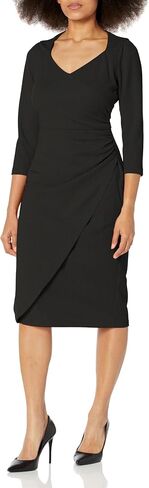 London Times Women's Sweetheart Neck Side Gather Midi Polished Chic Versatile Career Event Dress with Sleeves in Saudi Arabia