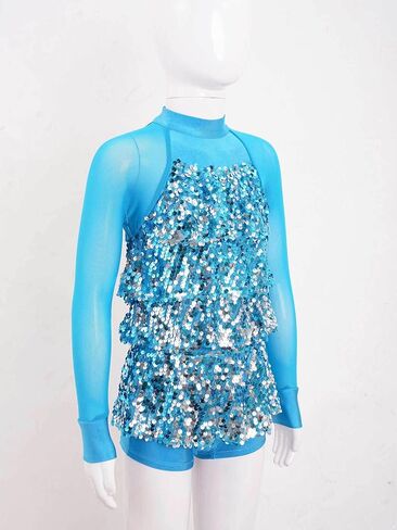 FEESHOW Kids Girls Sparkling Sequins Hip-Hop Jazz Ballet Latin Dance Dress Leotard Jumpsuit Performance Costume in Kuwait