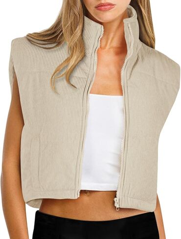 سترة منتفخة شتوية من LASLULU سترة قصيرة خفيفة الوزن بدون أكمام ملابس خارجية دافئة منتفخة بسحاب وسترات وجيوب معطف in Kuwait