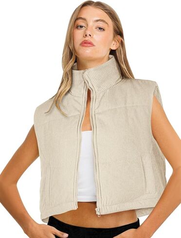 سترة منتفخة شتوية من LASLULU سترة قصيرة خفيفة الوزن بدون أكمام ملابس خارجية دافئة منتفخة بسحاب وسترات وجيوب معطف in Kuwait