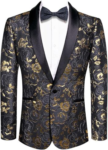 Hi-Tie Men Black Gold Shiny Floral Jacket Blazer Lon Sleeve Button Down Notch Lapel Suit Jacket in Saudi Arabia